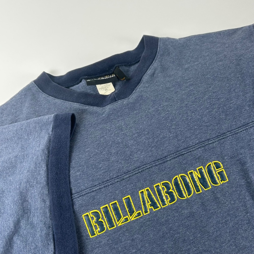 Billabong Men's XL T-Shirt Blue Heather Puff Print Center Logo ringer USA VTG